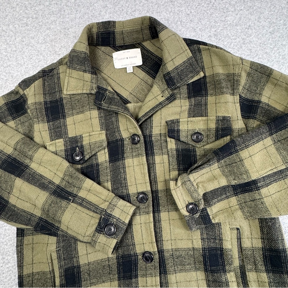 Lucky Brand Olive Green Plaid‎ Shirt Jacket Womens Small Shacket Cotton Pockets